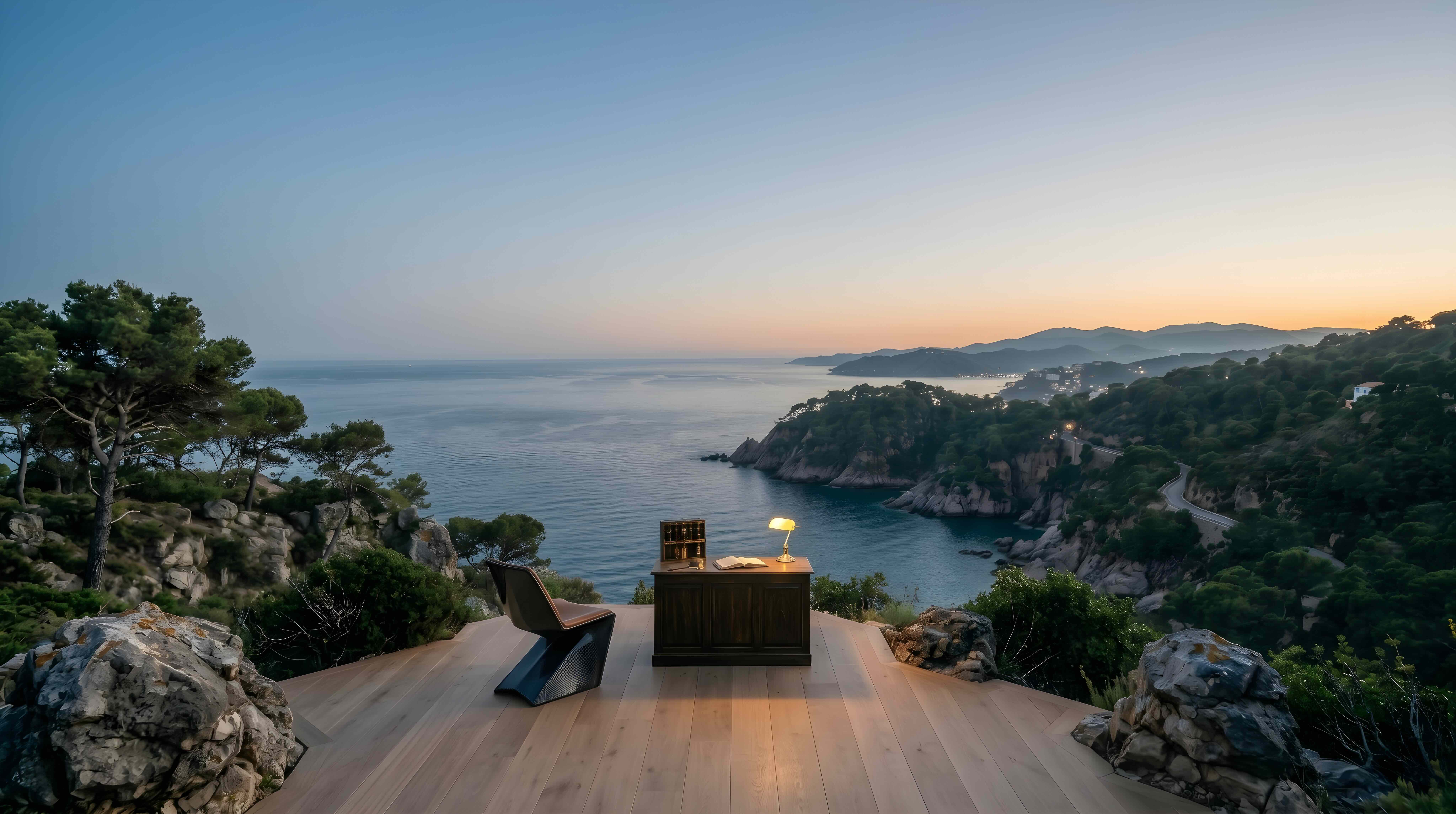 Escritorio y lámpara sobre una terraza de madera frente a la costa al anochecer